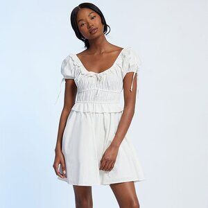 White Tie Front Puff Sleeves Mini Dress
